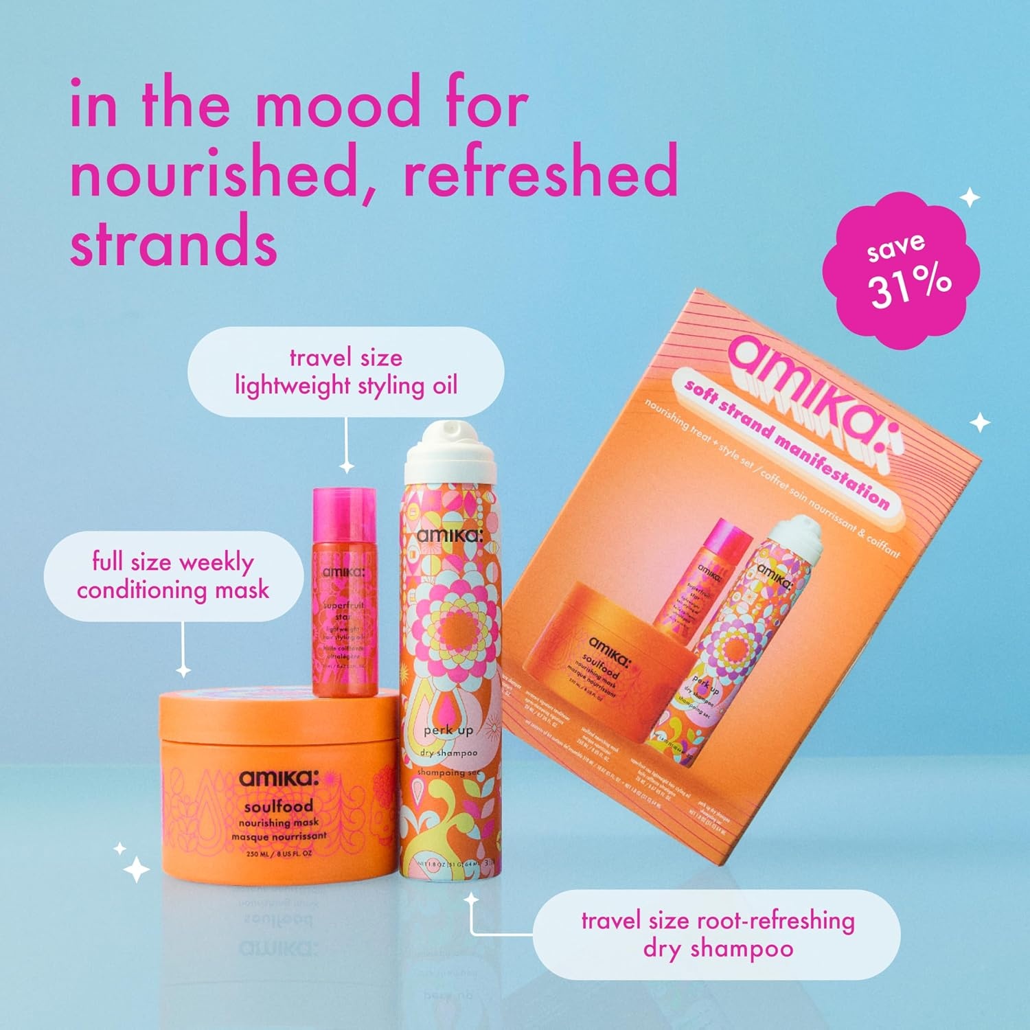 image:imageamika soft strand manifestation nourishing treat style set set for soft hair for all hair types full size soulfood travel size perk up superfruit star