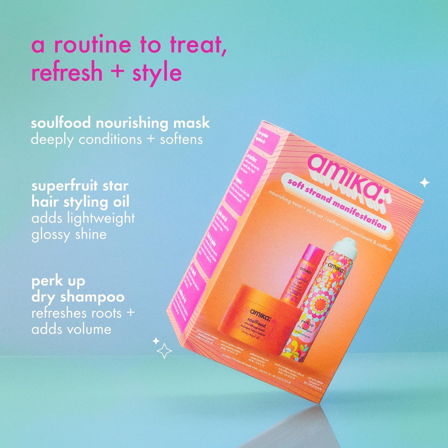 image:imageamika soft strand manifestation nourishing treat style set set for soft hair for all hair types full size soulfood travel size perk up superfruit star